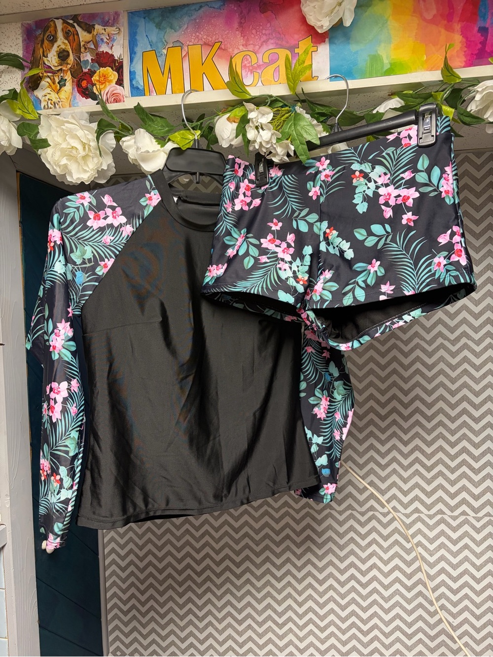 Floral Rash Guard Swim Set - Black with Teal & Pink Floral